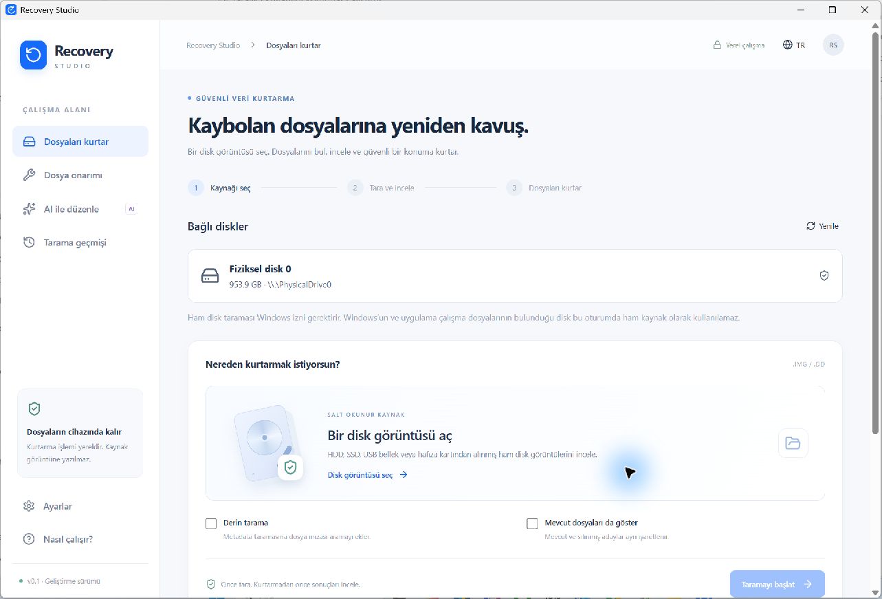 Recovery Studio gerçek uygulama ekranı: Kurtarılacak kaynağı seç